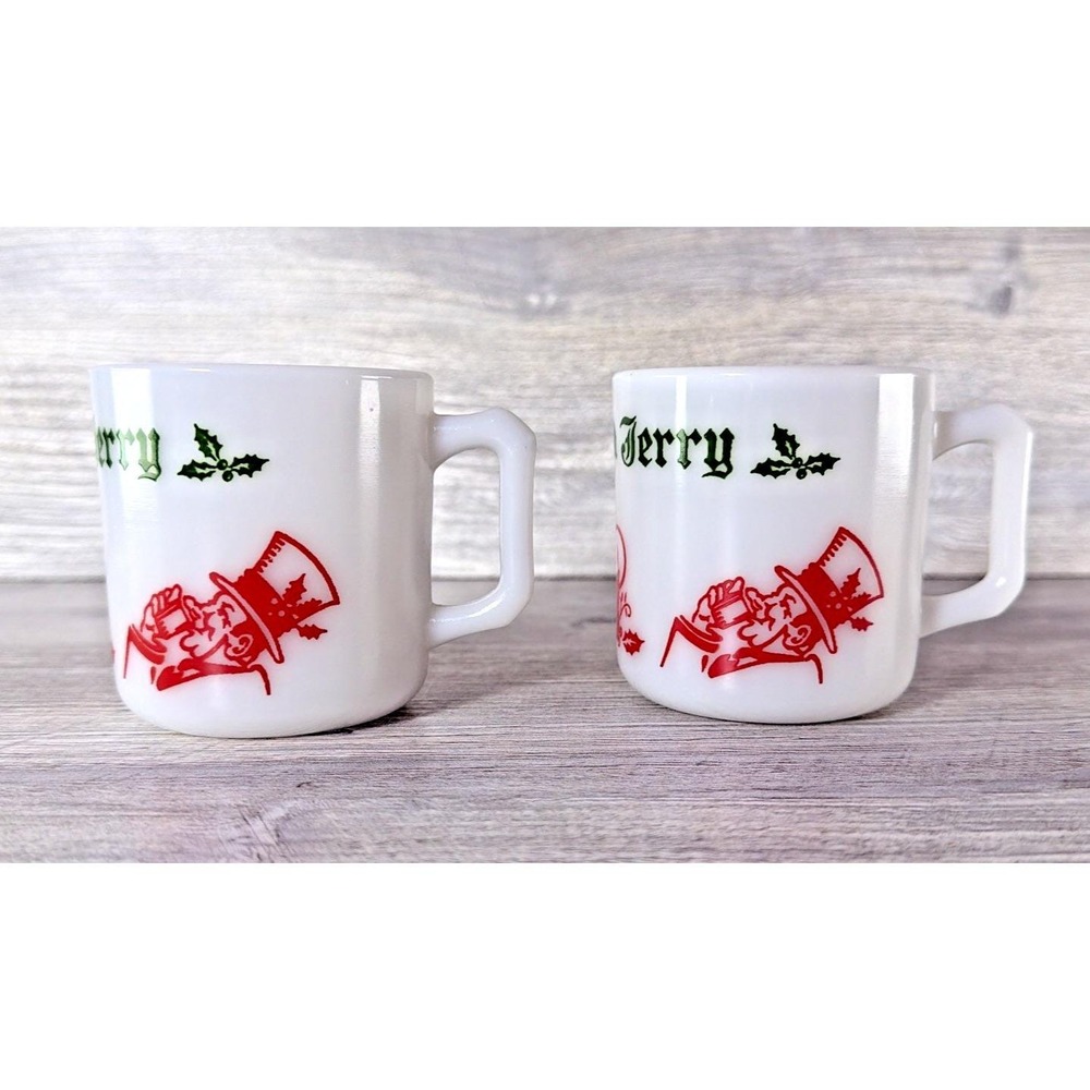 2 Hazel Atlas Tom and Jerry Vintage Milk Glass Punch Mugs Mid-Century MCM